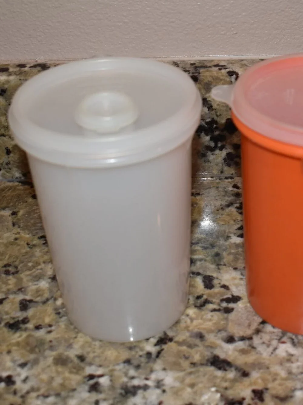 Pair of Vintage Plastic Tumblers with Lids - White and Orange with Flip Top Caps